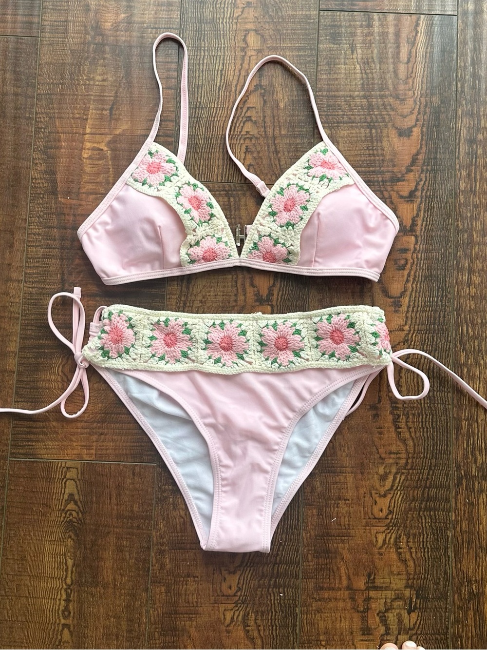 Amazon Essentials Pink Crochet Floral Bikini Set